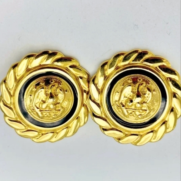 Vintage 1980s Gold-Tone Eagle Anchor Emblem Clip-On Earrings – Military Nautical - Picture 1 of 8